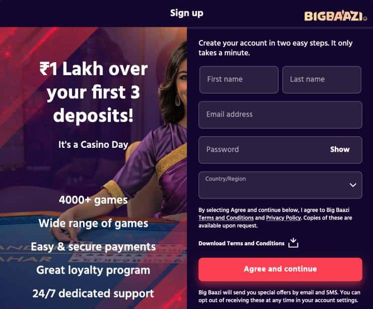 Registration at Big Baazi online casino